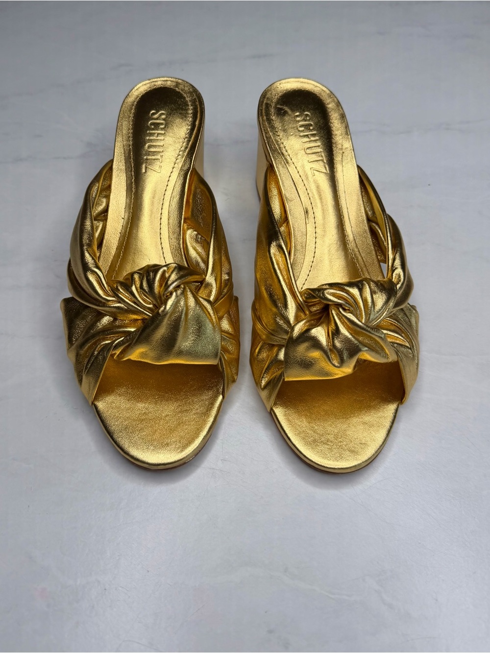 SCHUTZ Metallic Gold Mindy Knot  Heel  Slide Sandals